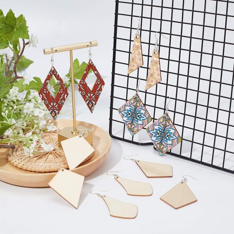 Unfinished Wooden Earrings Blank, 60pcs 6 Styles Rhombus Natural Wood Drop Dangles with 60pcs Earring Hooks