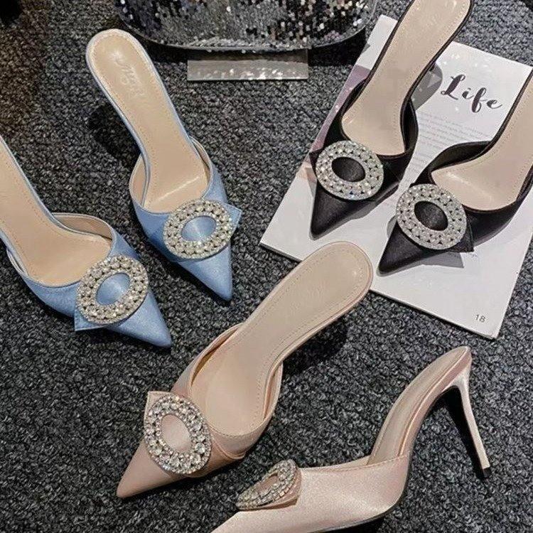 High-heeled Half Slippers 2025 New Versatile Pointed Rhinestone Buckle Stiletto Sandals Internet Celebrity Fairy Wind Bag Head Drag Girl