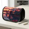 1pc Double Layer Flip Pencil Case, Black Car Wet Pavement Glowing Lights, Large Capacity, Portable Polyester Pen Storage Bag with Zipper Closure, Idea