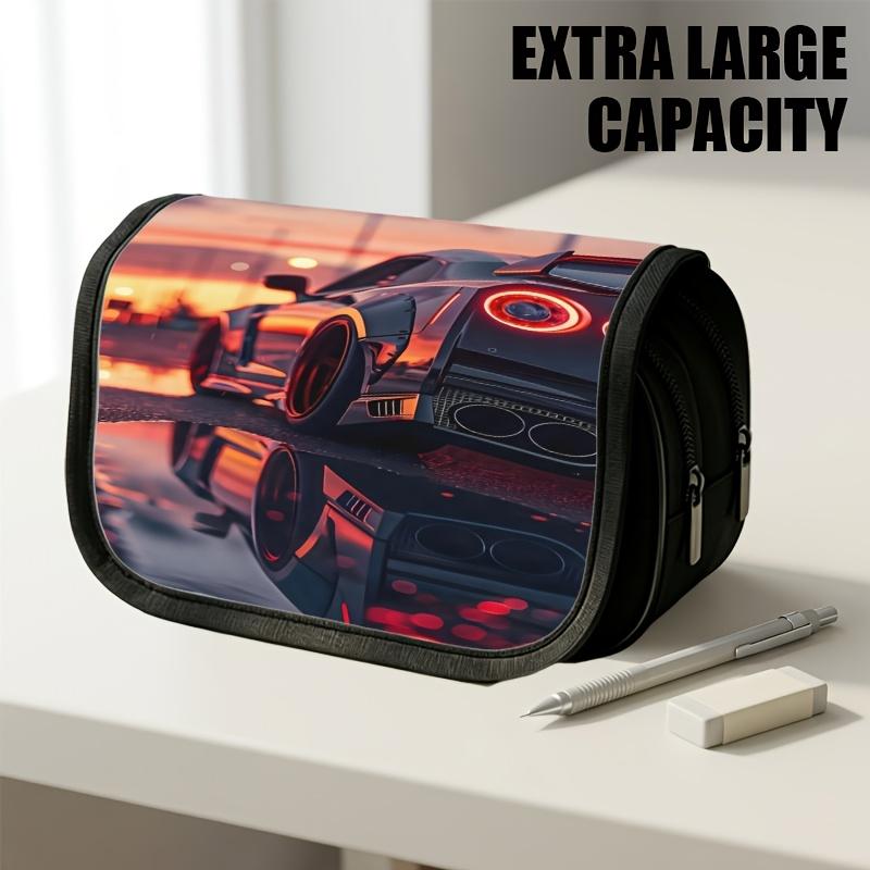 1pc Double Layer Flip Pencil Case, Black Car Wet Pavement Glowing Lights, Large Capacity, Portable Polyester Pen Storage Bag with Zipper Closure, Idea
