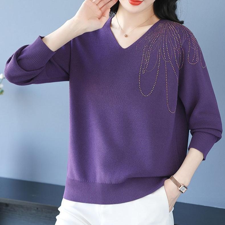 Spring Autumn Women's V-Neck Knitted Sweater Loose Solid Pullover Knitwear Thin Rhinestone Knit Top