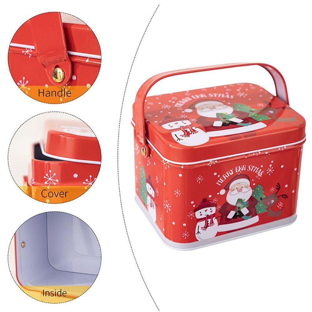 Cute Tinplate Christmas Tin Box Gift with Handle Gift Box Festival Ornaments Candy Jar