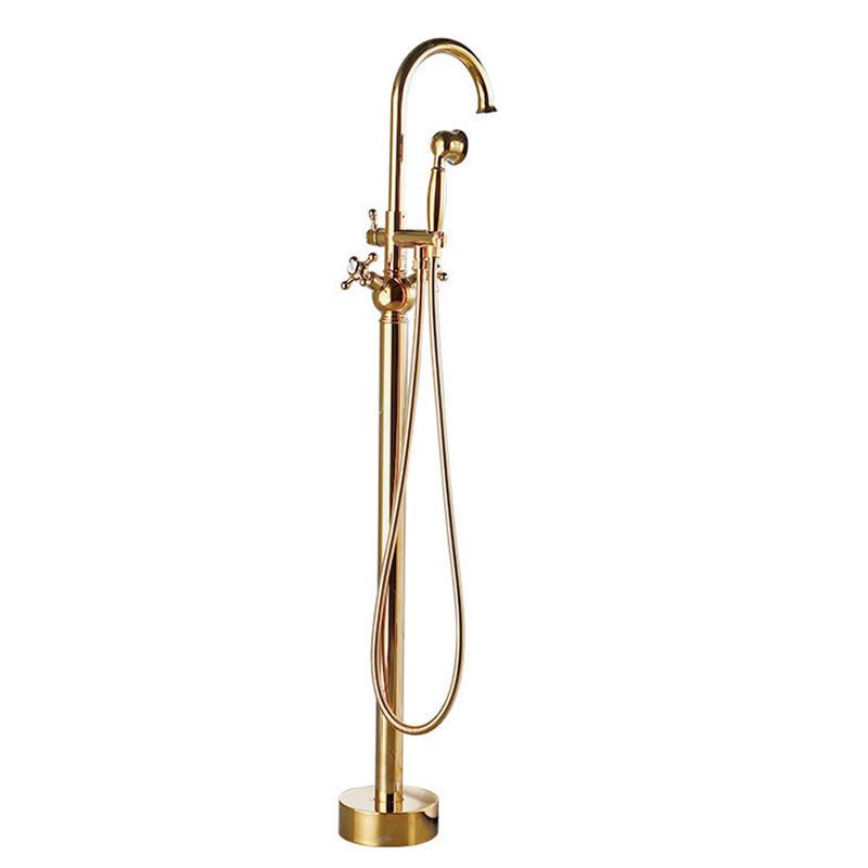 Tuqiu Gold Bathroom Bathtub Faucet + Handheld Shower Free Standing Luxury Waterfall BathTub Mixer Taps Floor Mounted