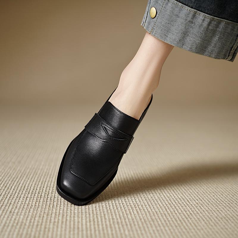 Fashion 2025 Spring Genuine Leather Shoes Women Slippers High Heels High Square Toe Mules Ladies Office Dress Shoes Slides Women Pumps