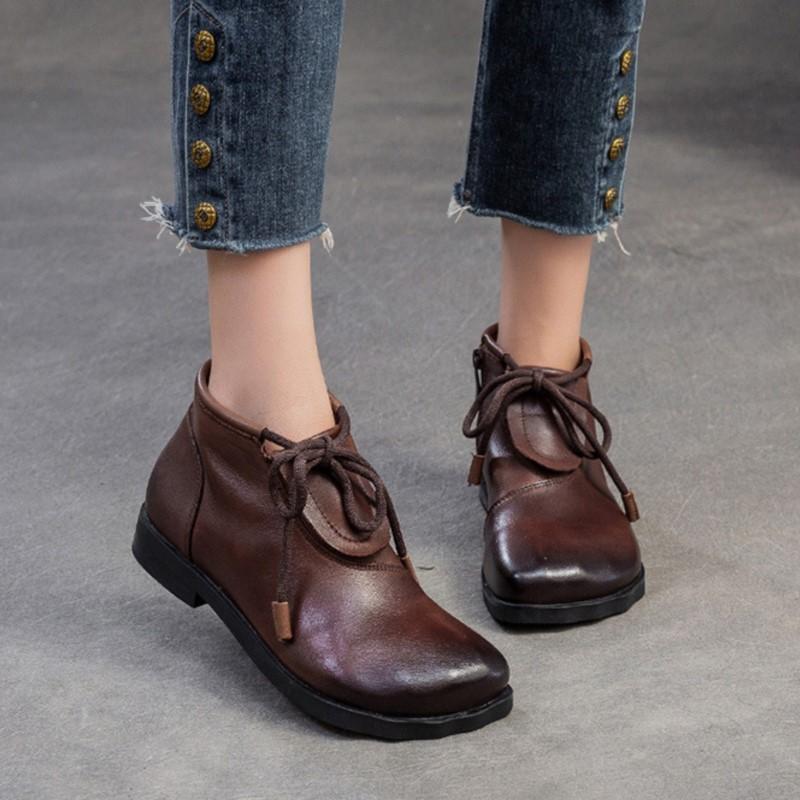 Johnature Retro Versatile Flat Short Boots Comfortable Commuting Casual Genuine Leather Women's Shoes