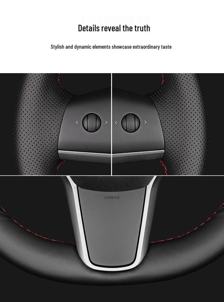 Tesla Hand-Stitched Genuine Leather Steering Wheel Cover for Models 3/Y/X/S - Full Coverage, Anti-Slip Grip.