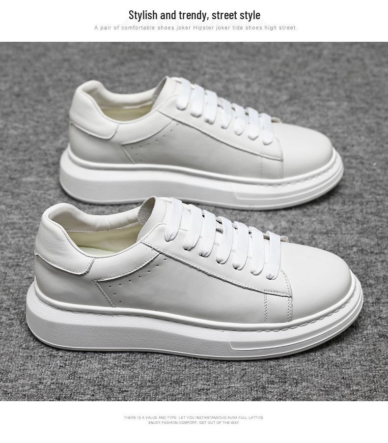 Hvite Herresneakers i Ekte Skinn, Lei Jun-stil: Lav topp, tykk såle, allsidig for jobb og sport.