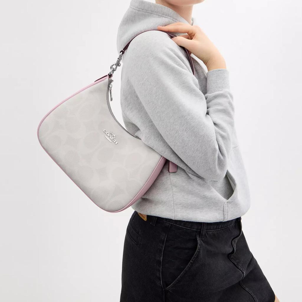 Coach Borsa a Spalla Hobo in Tela Bianca Signature con Bordi in Pelle Rosa e Ferramenta Argentata per Uso Quotidiano