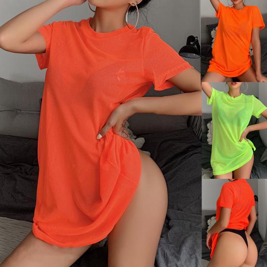 Swimsuit Cover Up Solid Color Loose See-through Pullover Beach Shirt for Holiday