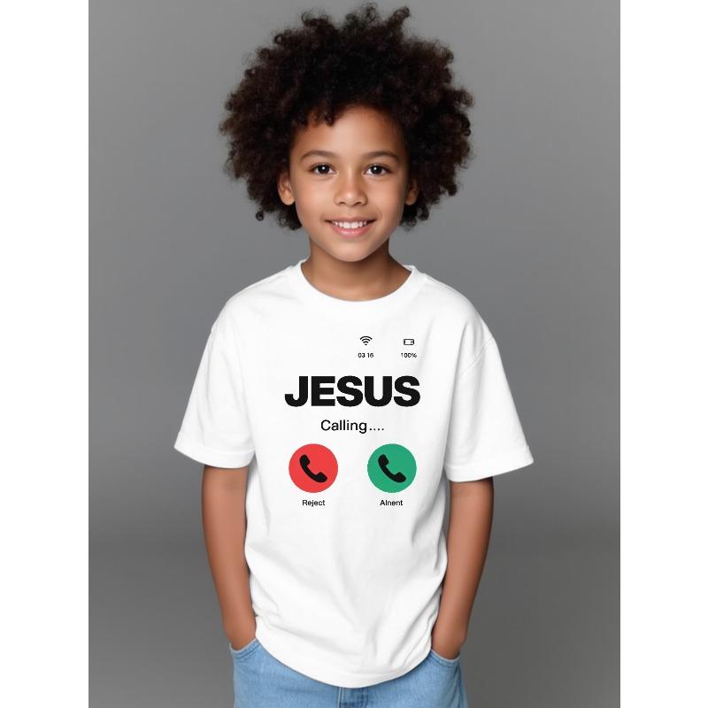 Boys Crewneck T-Shirt, JESUS CALLING YOU Cute Print American Style Versatile Summer Base Top 110