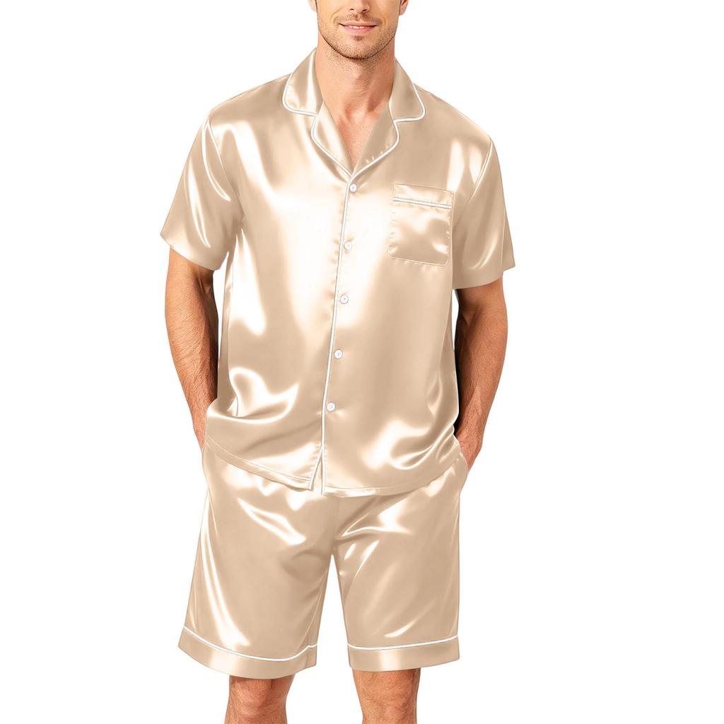 Men's Short Sleeve Pajama Set Button Down Shirt with Notched Collar and Matching Shorts Soft Lightweight Lounge Sleepwear S To XXXXL