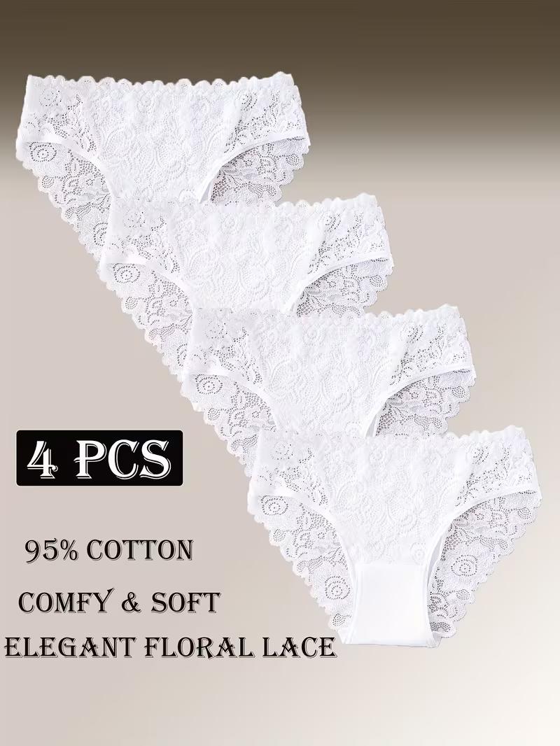 

4Pcs Women High Waist Floral Lace Semi-Sheer Briefs Set | Soft Breathable Stretch Comfortable Daily Underwear 2XL чорний