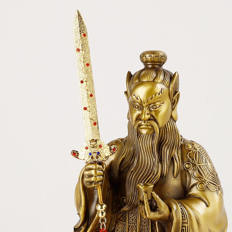 Brass statue of Zhang Tianshi riding a tiger, Zhang Daoling statue holding a sword from Longhushan, decorative craft item
