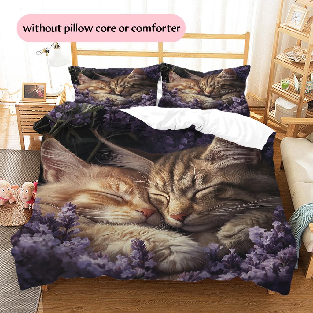 Maine Coon and Flowers Pattern Bedding Home Decoration Birthday Gift (1 * Duvet Cover + 2 * Pillowcase, Without Core)