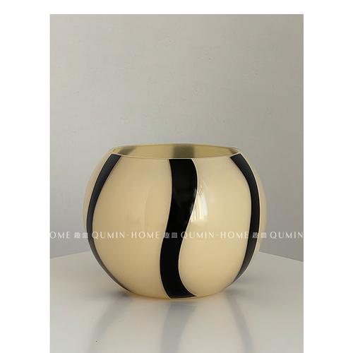 Simple European Vase Black Stripe Ball Vase Retro Living Room Office Desktop Glass Vase Girl Flower Pot Home Decoration Nordic