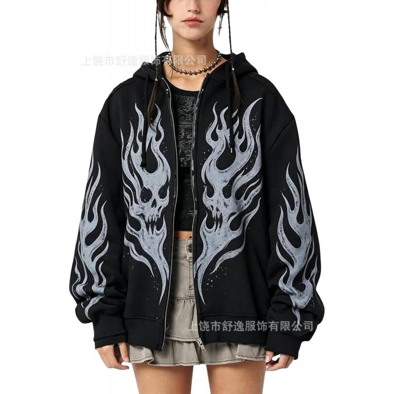 Womens Oversized Y2K Streetwear Hoodie With Digital Skull Print Zip-Up Loose Fit Sweatshirt Casual Outdoor Wear