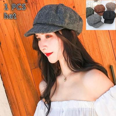 Chapeau Octogonal Rétro Mode Femme Automne Hiver Décontracté Sauvage Chapeau Bérêt Plaid Citrouille