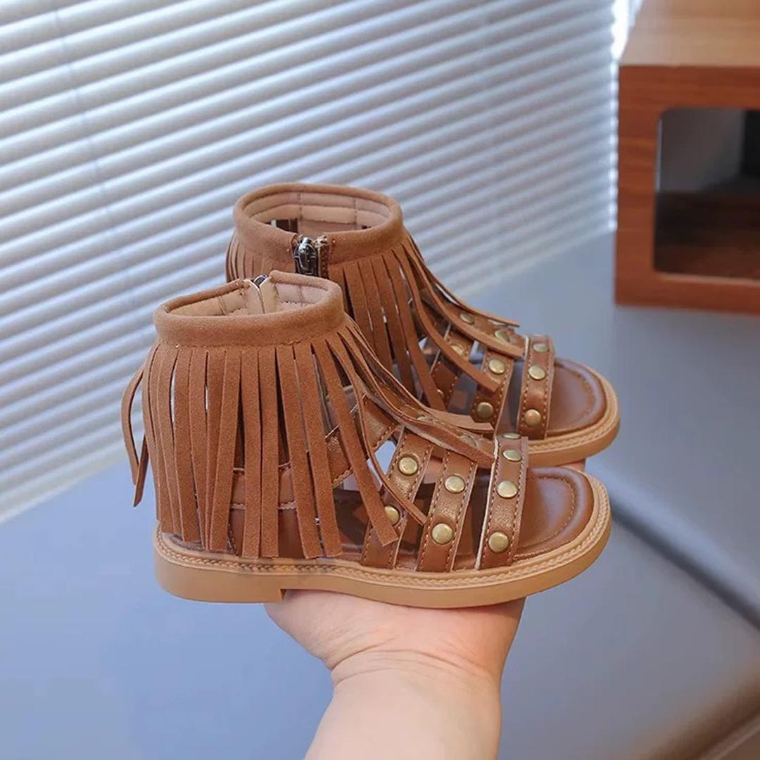 

Girls Sandals Summer New Little Girl Fringed Flat Shoes Real Leather Beach Sandals buckle side zipper 26 коричневый