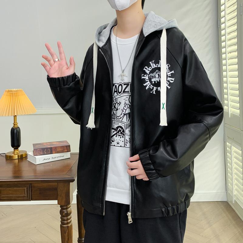 Youth Hong Kong Style Ecological PU Leather Jacket Autumn New Men's Versatile Loose Hooded Leather Jacket