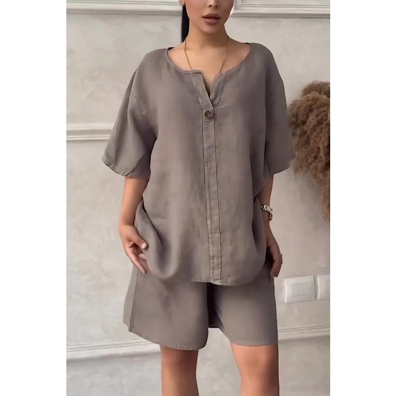 Women's Fashion Casual Summer Spring Solid Color Print 1/2 Sleeves V-Neck Trousers Pants Suits