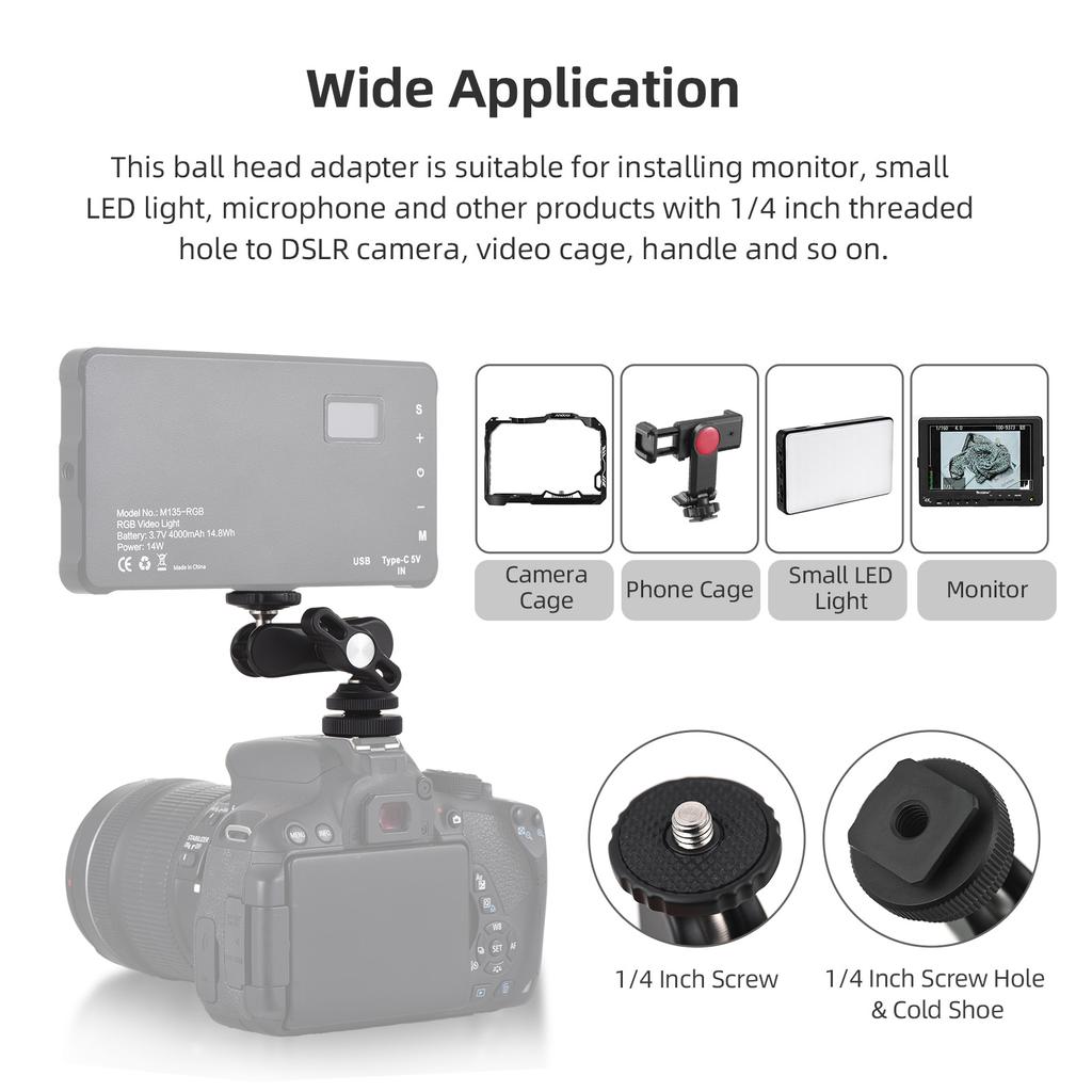 Mini Cool Ballhead Multi Function Double Ball Dead Adapter with Cold Shoe Mount & 1 4 Inch Screw for DSLR Camera