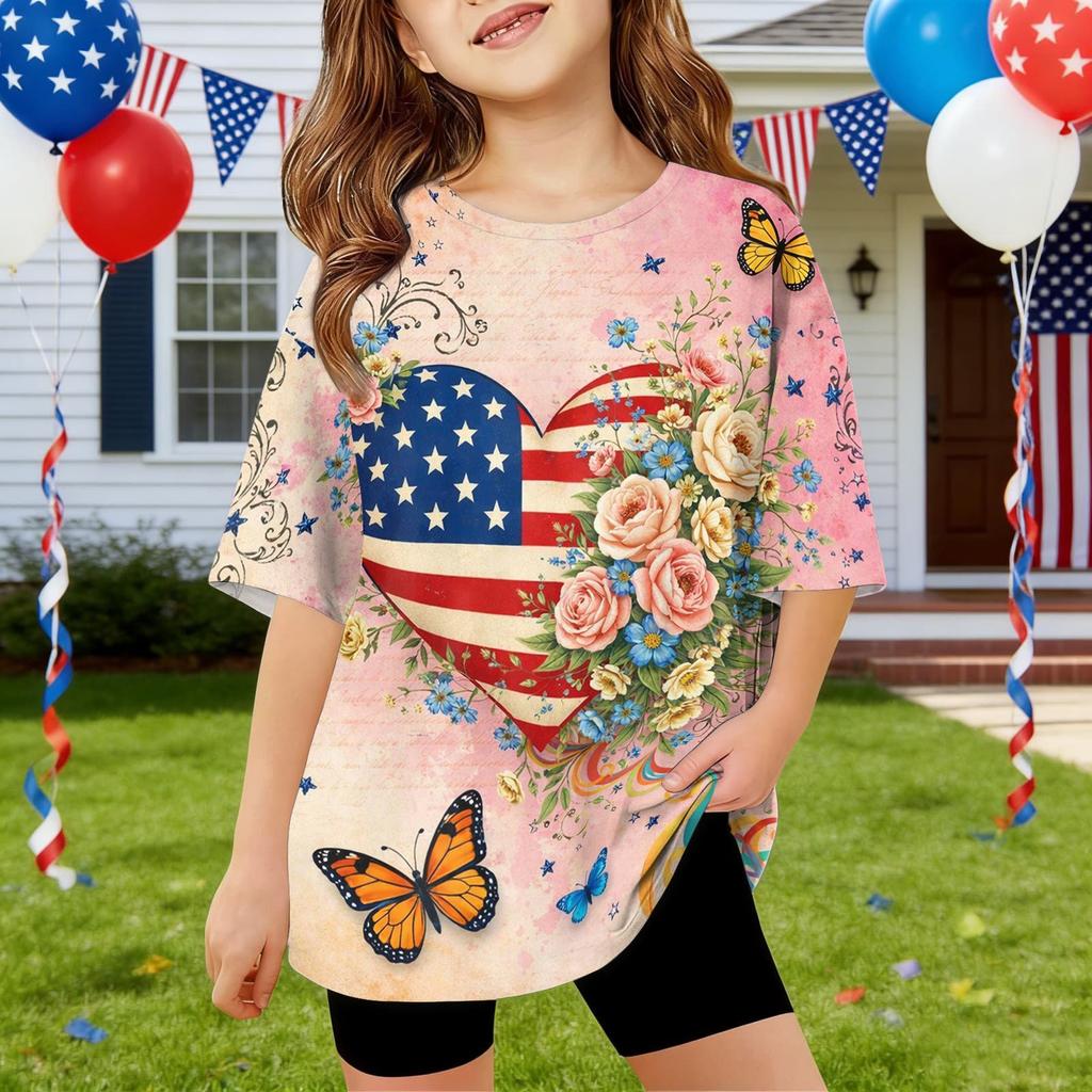 Kids Independence Day Print Round Neck Short Sleeve Casual T-shirt