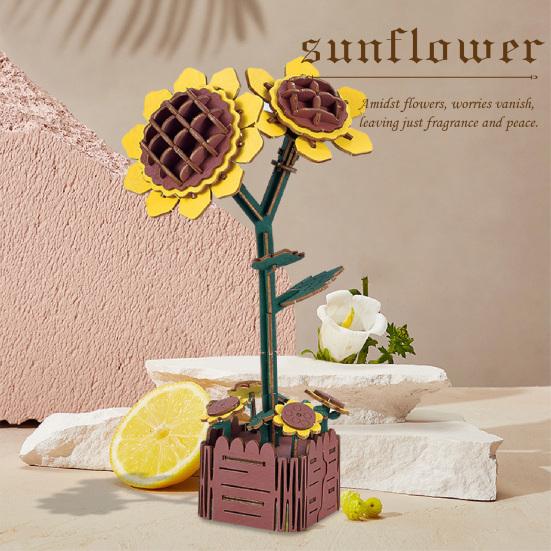 3D Wooden Flower Puzzle Kit for Adults DIY Botanical Bouquet Building Set Wood Sunflower/Rose Floral Craft Kit for Stress Relief Mother's Day