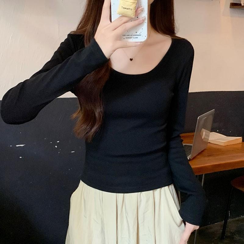 Women's Solid Color Raglan U-Neck Long Sleeve Slim Fit Base Layer Top for Spring and Autumn