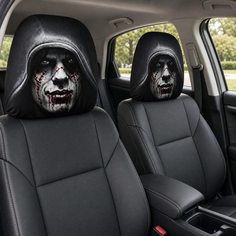 2 Pezzi Coprisedile Auto con Stampa Faccia Spaventosa Protezione Elastica per Poggiatesta Auto Accessori Interni Auto