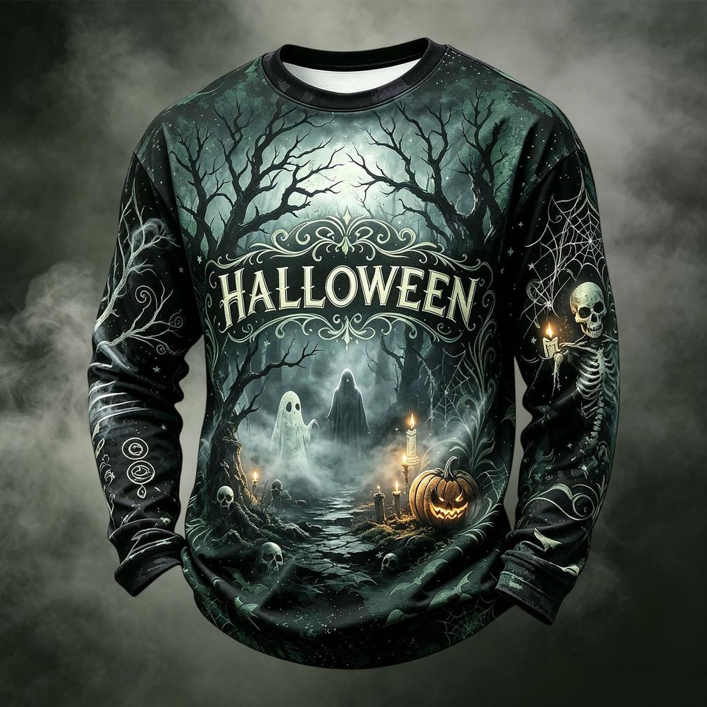 Men's Casual Knit Long Sleeve Neck T-Shirt with Halloween Print