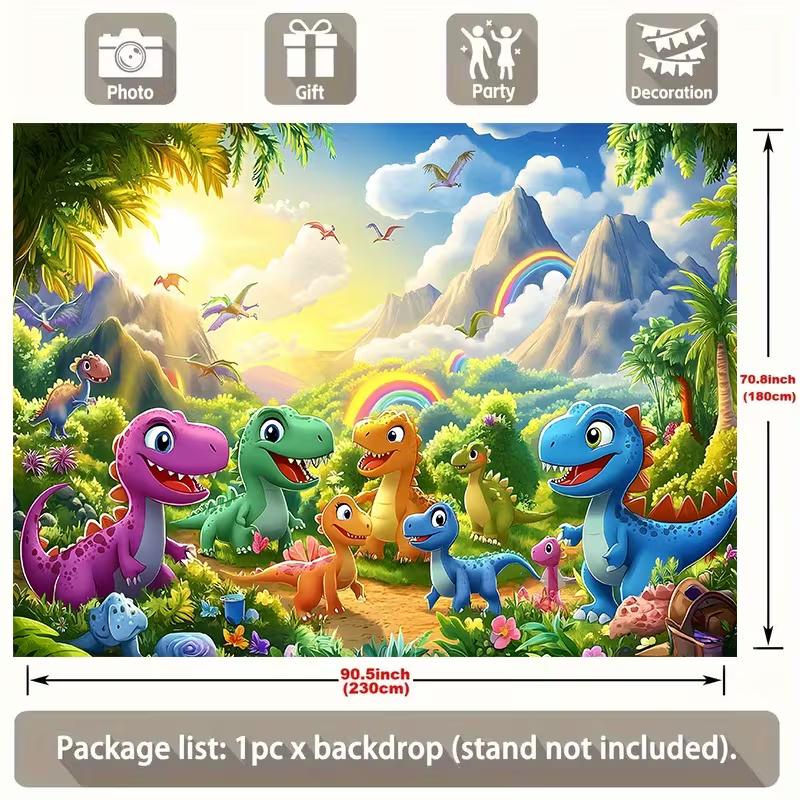 Lebendige Dinosaurierwelt Kulisse Kinder Dschungellandschaft mit Regenbogen Fotokabine Hintergrund Banner für Party Dekoration
