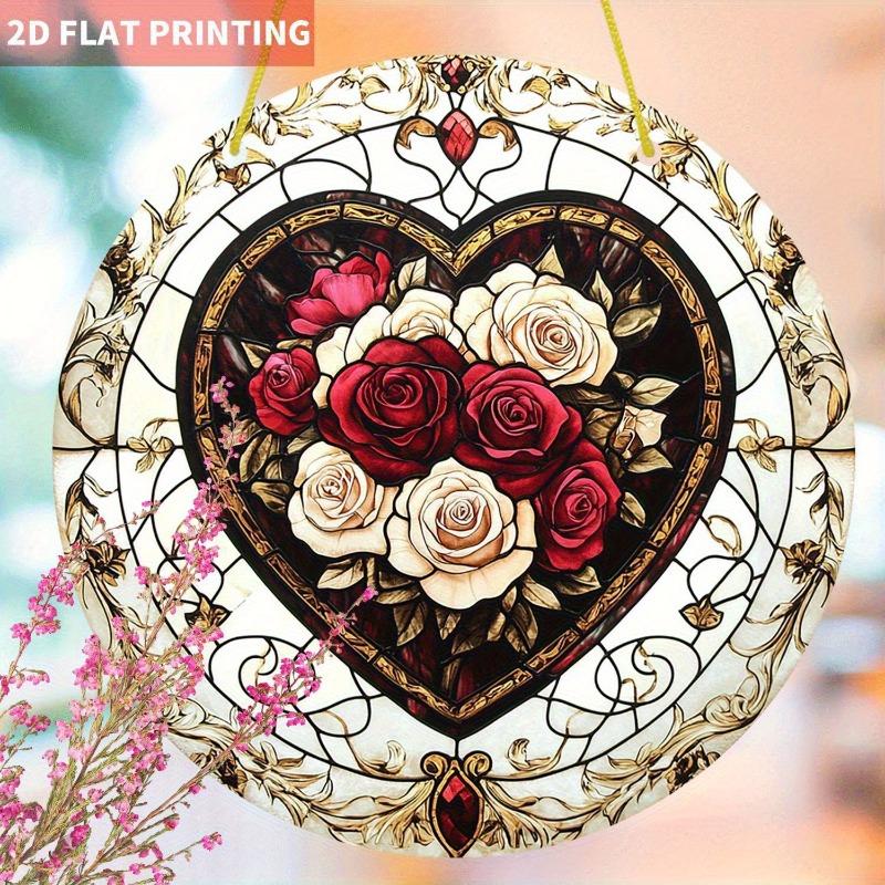 2D Flat Heart-Shaped Rose Dreamcatcher Window Decoration Sign, Elegant Red Roses, Suitable for Wall Decoration, Porch, Room, Villa, Accents Home, Hall