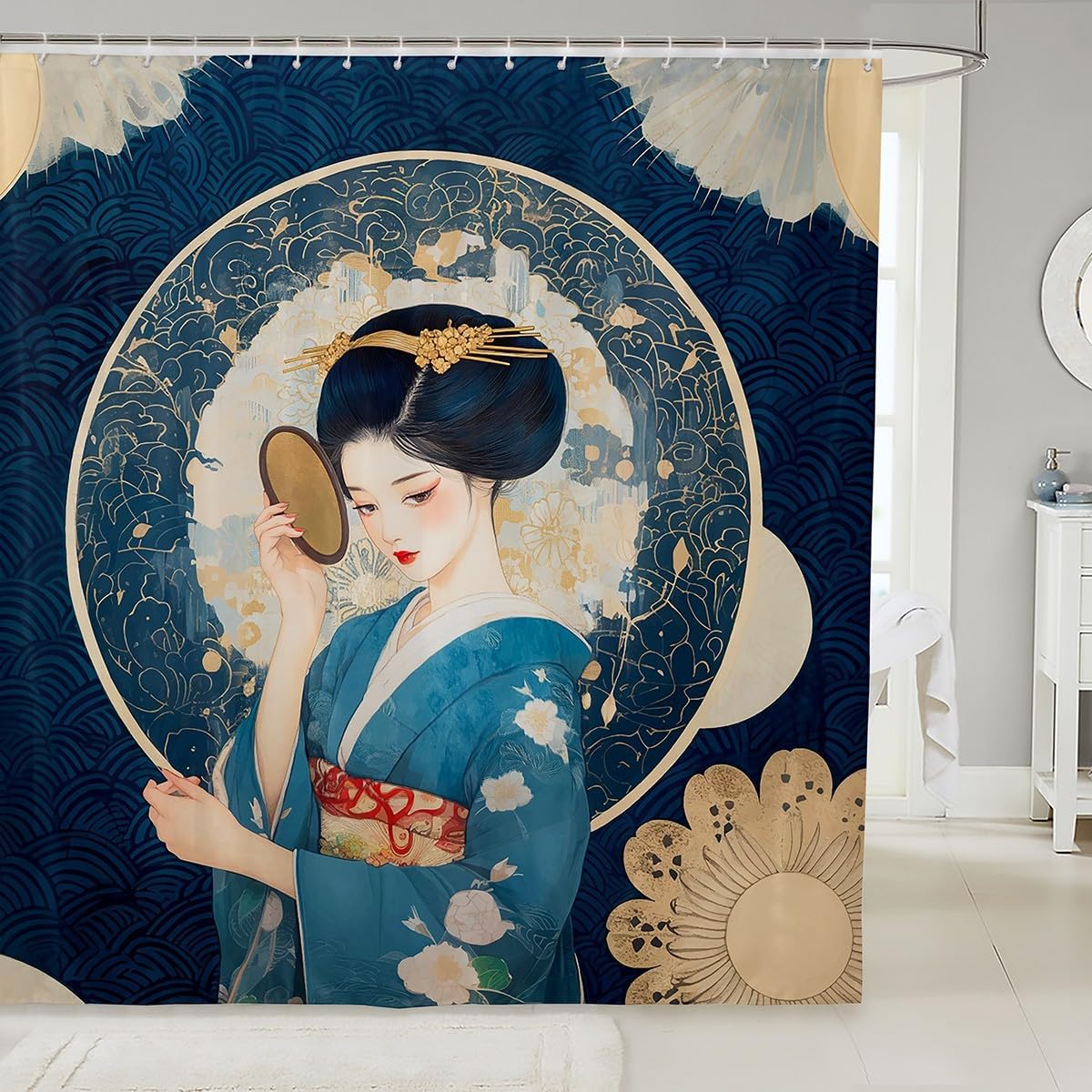 

Japanese Style Shower Curtain For Bathroom Decor Cherry Blossoms Bath Curtain For Boys Girls Teens Red Sun Fuji Mountain Decor W60H190(CM)-1 Pcs