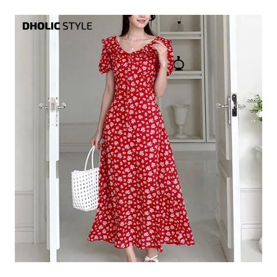 Ladies Korean fashion dholic summer summer ss ruffle color flower puff short sleeve dress p678590 dress long dress 60% polyester 40% rayon (lining: