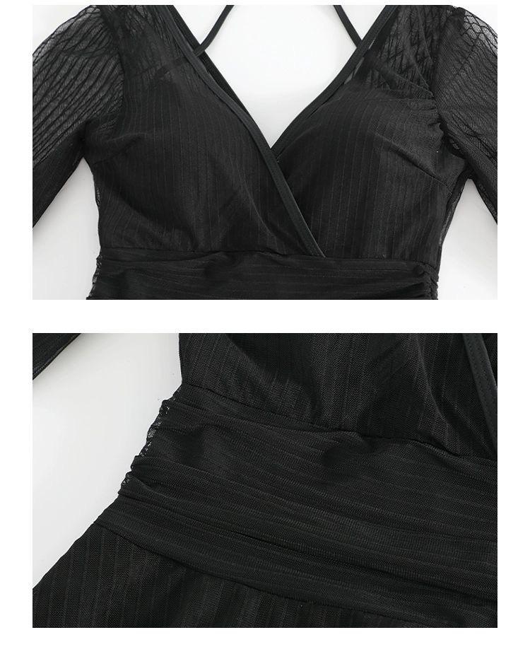 Traje de baño de una pieza con falda para mujer 2025 - Encaje adelgazante de manga larga, que cubre el abdomen, con aros para pecho pequeño
