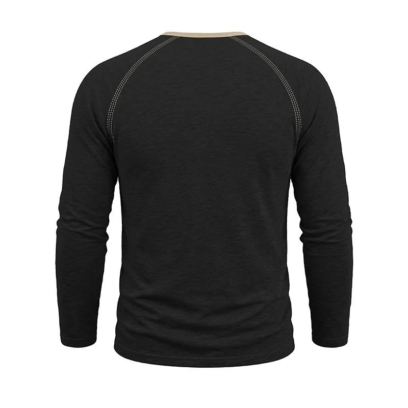 Spring Autumn Men's Cotton Henry Collar T-Shirts American Style Fashion Smart Casual Tees Tops Men Patchwork Breathable Tshirt