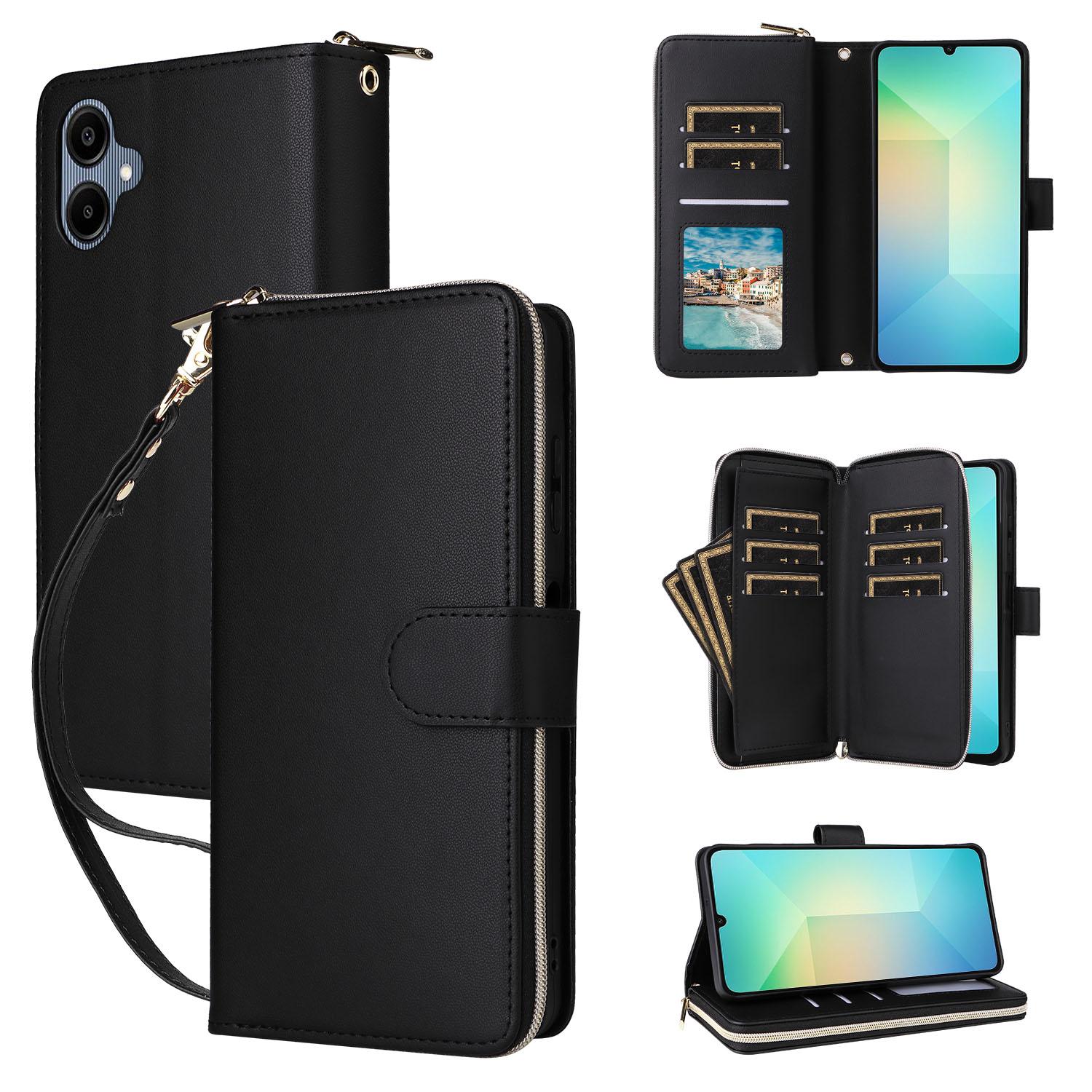 

R20 For Samsung Galaxy A06 4G Case Zipper Pocket PU Leather Cover with 9 Card Slots Black