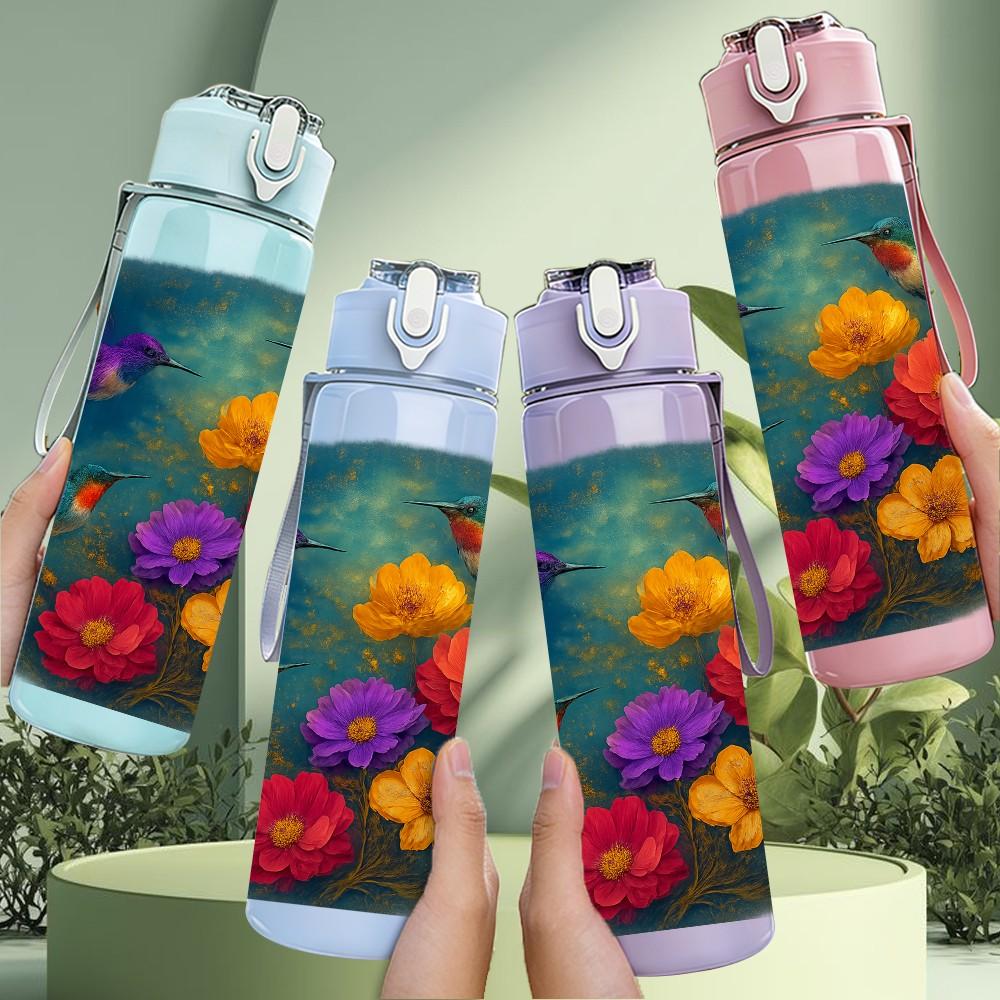 1PC Colorful Round Bouquet Flower Print 750ml Color Plastic Sports Water Bottle Leakproof Flip Straw Lid Suitable for Sports Office Home Use