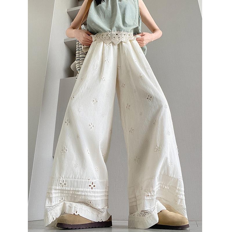 Spring 2026 Apricot Lace Slimming Elastic Waist Wide-Leg Pants for Women