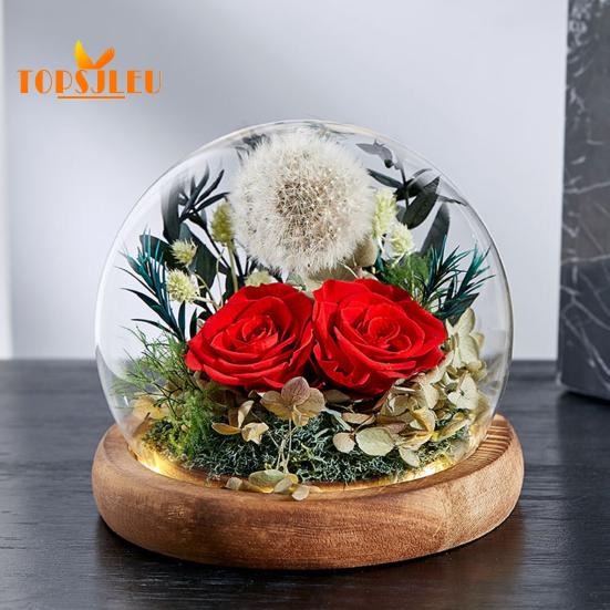 Capac din sticlă cu flori de păpădie veșnică, bază din lemn, cupolă din sticlă infinită păstrată de păpădie, soție iubita soție cadou de Ziua Îndrăgostiților