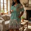 Women Plus Size V Neck Short Sleeve Knee Length Dress with Pockets Casual Loose Fit Vintage Floral Print for Summer Wear