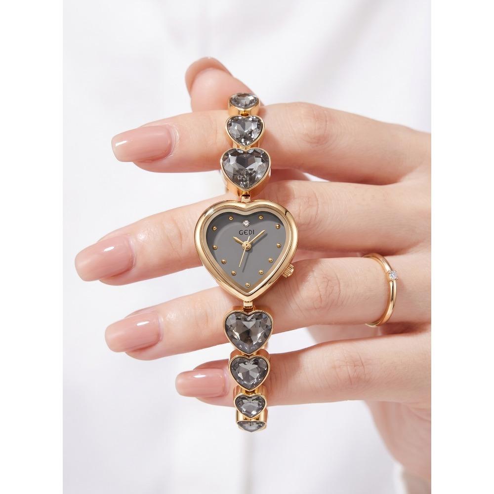 GEDI Women Quartz Wrist Watch Heart Shaped Dial Rhinestone Decor Metal Link Bracelet Waterproof Dress Watch