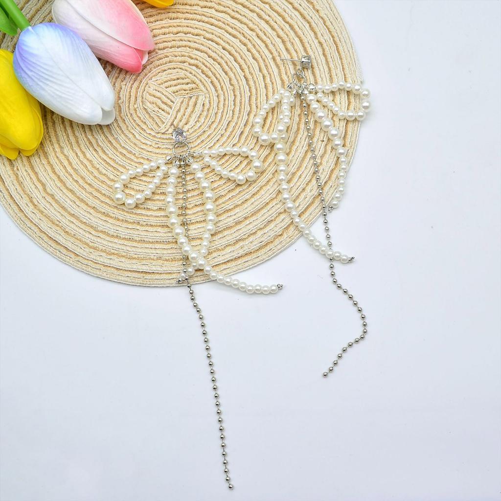 Mode Perle Schleife Quasten Anhänger Ohrringe Süße Hängeohrringe Elegante Lange Anhängerohrringe Temperamentsschmuck