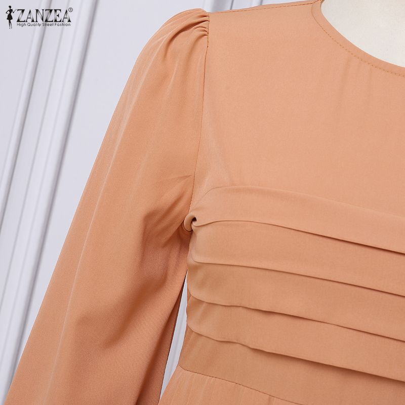 ZANZEA Women Casual Round Neck Solid Color Long Sleeve Loose Dress