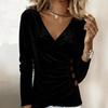 Top da Donna Slim Fit Scollo a V Manica Lunga Morbido Elastico Pullover Colore Unico Design Pieghe Laterali Decorazione Bottoni Camicetta Casual