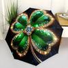 Automatic Folding Umbrella A Jeweled Green Four-Leaf Clover Design. Portable Collapsible Design, Casual Outdoor Accessory, for All Seasons,
