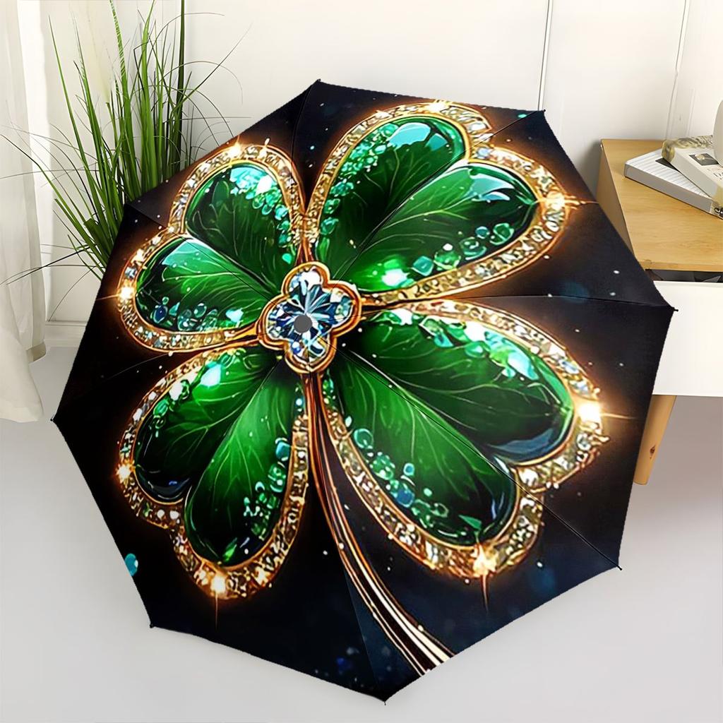 Automatic Folding Umbrella A Jeweled Green Four-Leaf Clover Design. Portable Collapsible Design, Casual Outdoor Accessory, for All Seasons,