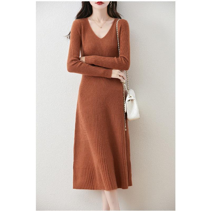 Autumn and Winter New V-neck Thin Medium and Long Knitted Dress Women's Solid Color Temperament Simple Inside with a Bottom Sweater Skirt