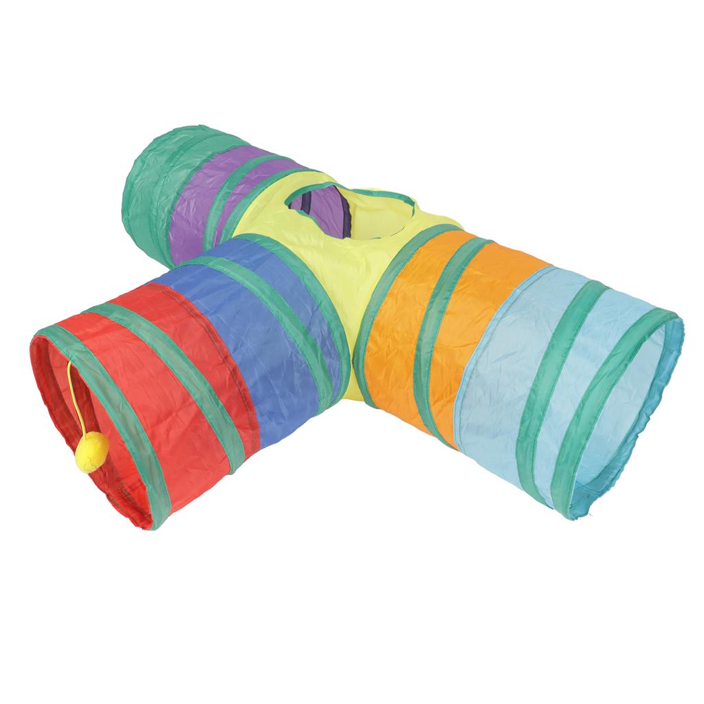 3 Way Cat Tunnel Collapsible Cat Tube Toy with Hanging Plush Ball for Rabbits Kittens and Dogs