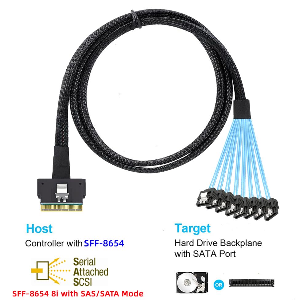 Xiwai 8i Slimline SAS Host RAID To 8 SATA Target Data Transfer Hard Disk Fanout RAID Cable with 1 To 8 SFF-8654 74-Pin 4.0 7-Pin Splitter, 0.5M